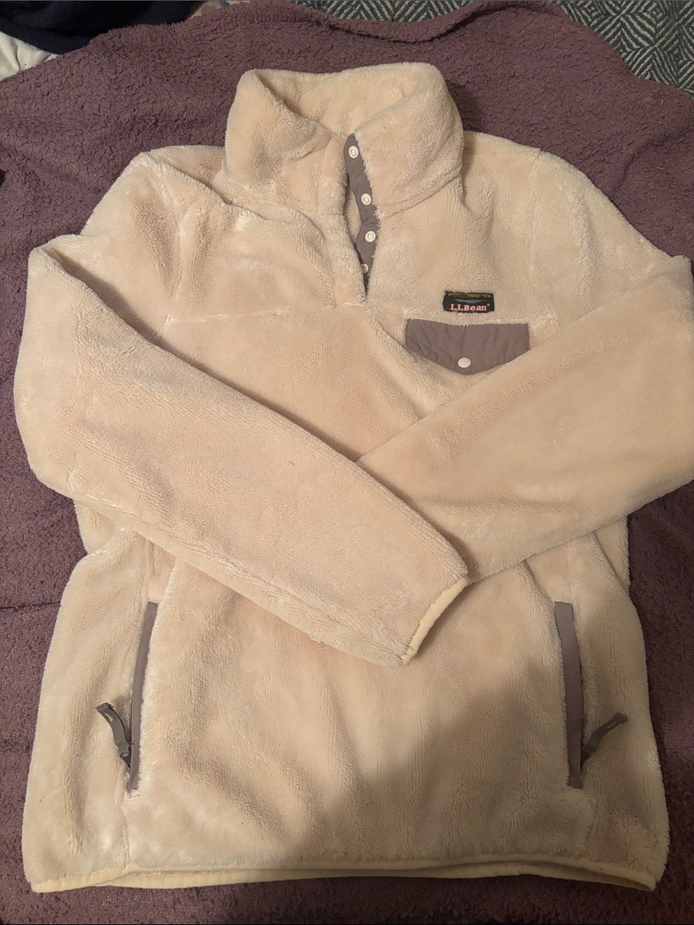 L.L. Bean Women’s Plush Fleece Pullover Jacket in Cream with Gray Accents size M